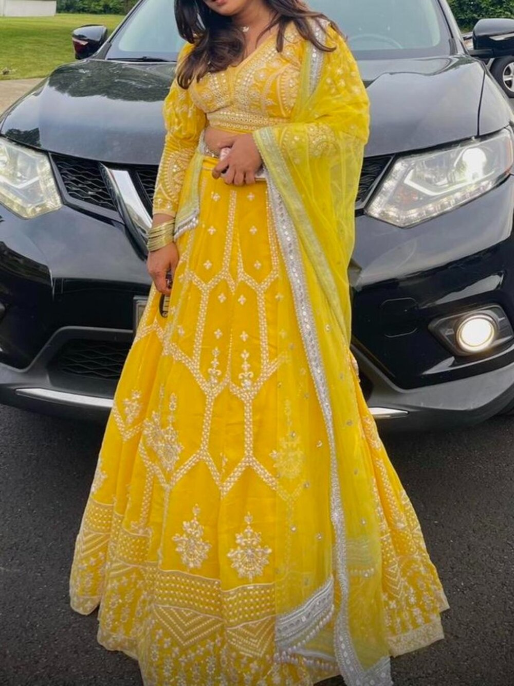 Yellow and white embroidered lehenga set